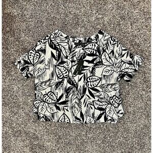 Tahari Womens Blouse Linen Black White Floral Leaf Short Sleeve Tee Plus 2X New